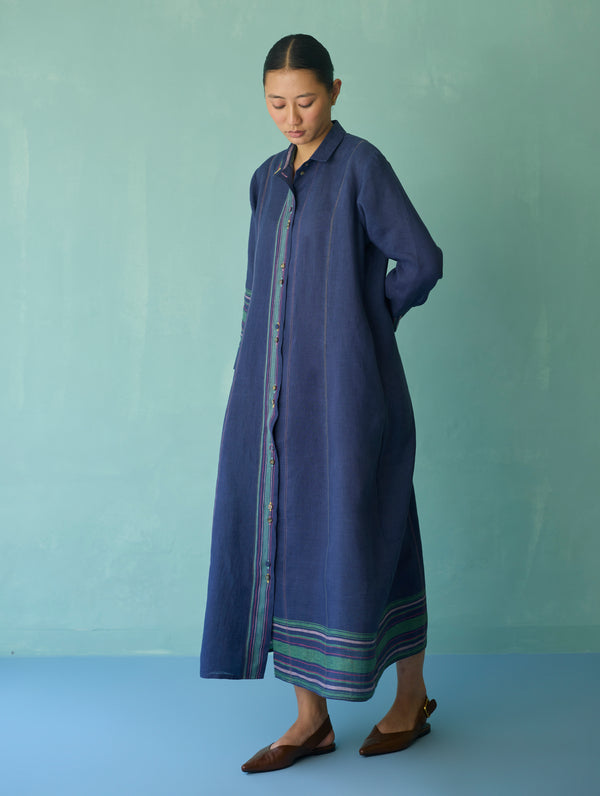 Manara Paneled Border Linen Shirt Dress - Indigo