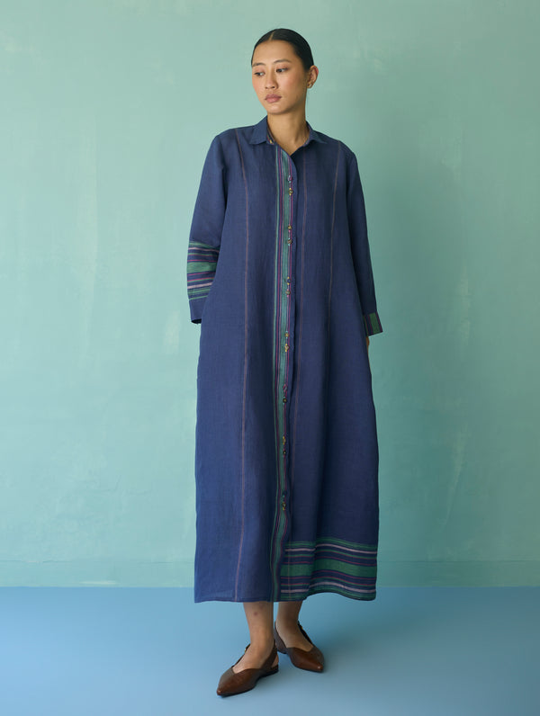 Manara Paneled Border Linen Shirt Dress - Indigo