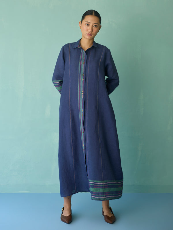Manara Paneled Border Linen Shirt Dress - Indigo