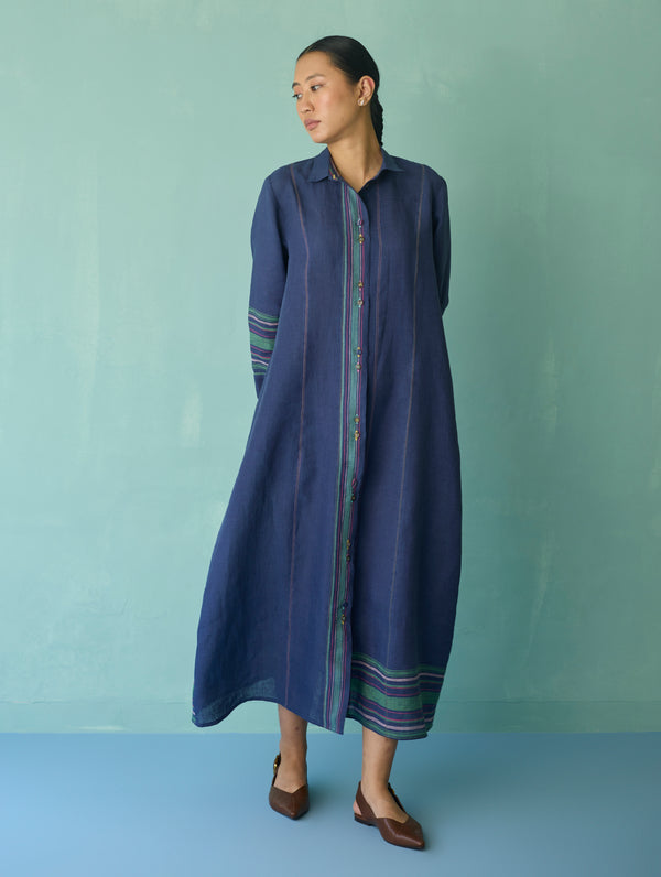 Manara Paneled Border Linen Shirt Dress - Indigo