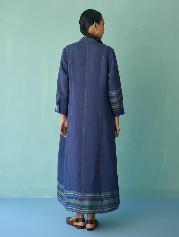 Manara Paneled Border Linen Shirt Dress - Indigo