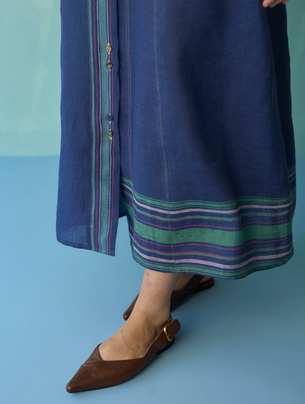 Manara Paneled Border Linen Shirt Dress - Indigo