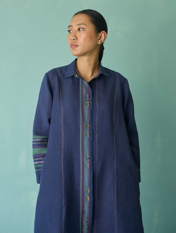 Manara Paneled Border Linen Shirt Dress - Indigo