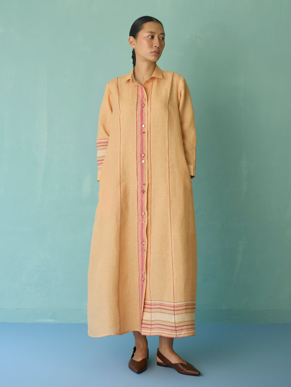 Manara Paneled Border Linen Shirt Dress - Apricot