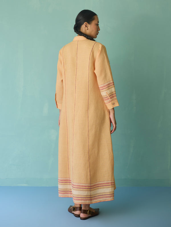 Manara Paneled Border Linen Shirt Dress - Apricot