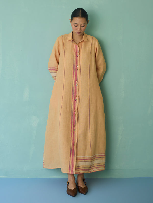 Manara Paneled Border Linen Shirt Dress - Apricot