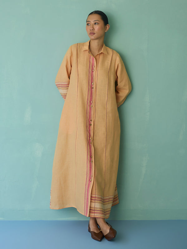 Manara Paneled Border Linen Shirt Dress - Apricot