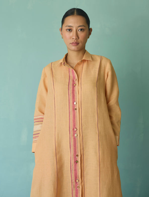 Manara Paneled Border Linen Shirt Dress - Apricot