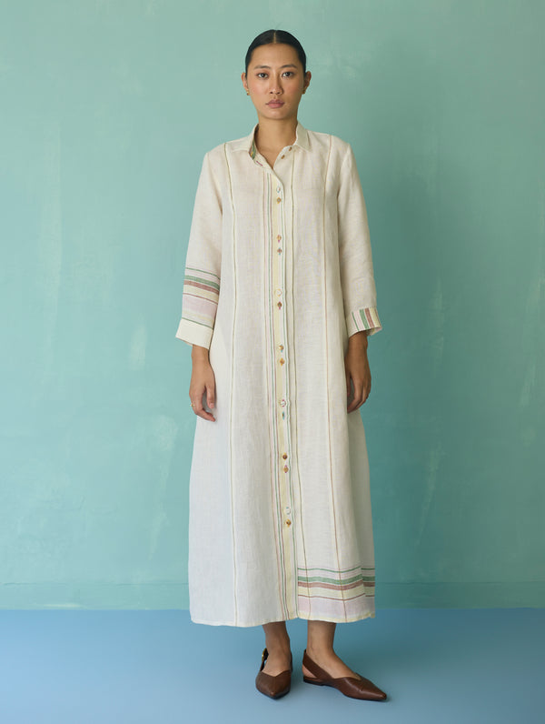 Manara Paneled Border Linen Shirt Dress - Ivory