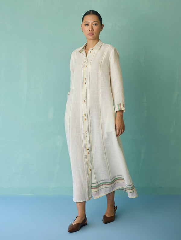 Manara Paneled Border Linen Shirt Dress - Ivory