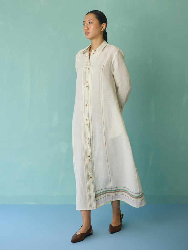 Manara Paneled Border Linen Shirt Dress - Ivory