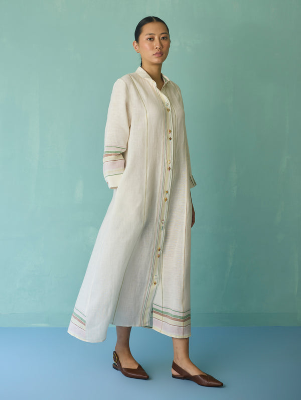 Manara Paneled Border Linen Shirt Dress - Ivory