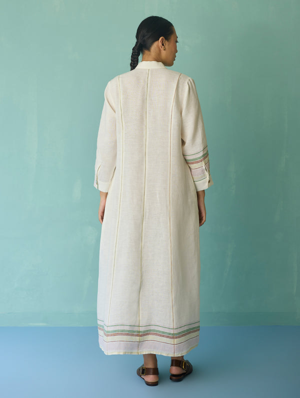 Manara Paneled Border Linen Shirt Dress - Ivory