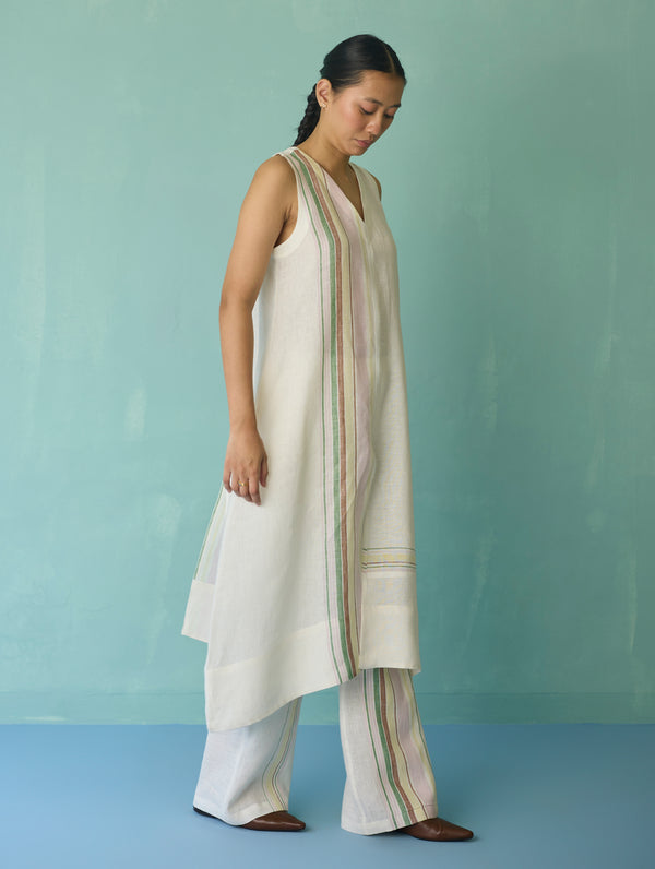 Vanya Border Linen Sleeveless Kurta Set - Ivory