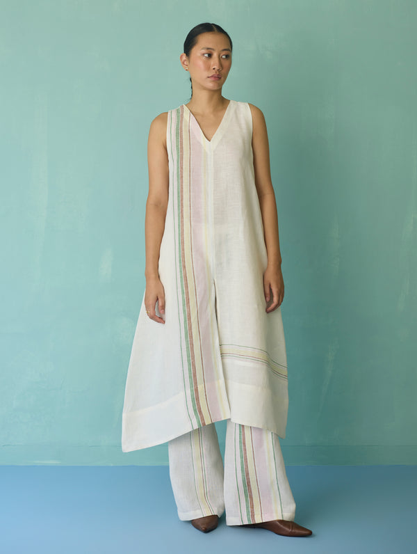 Vanya Border Linen Sleeveless Kurta Set - Ivory