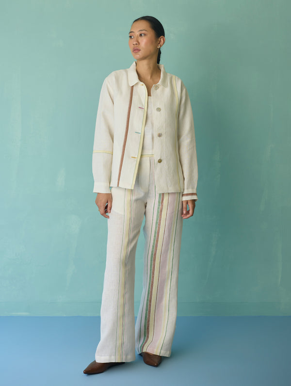 Della Border Linen Jacket - Ivory