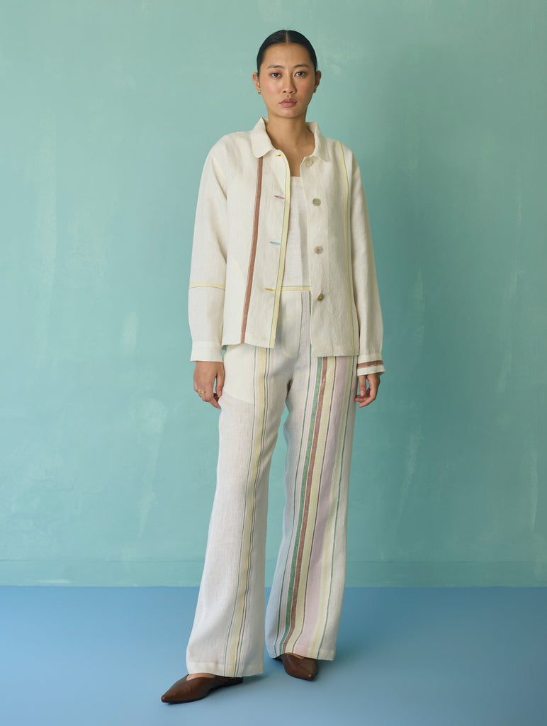 Della Border Linen Jacket - Ivory