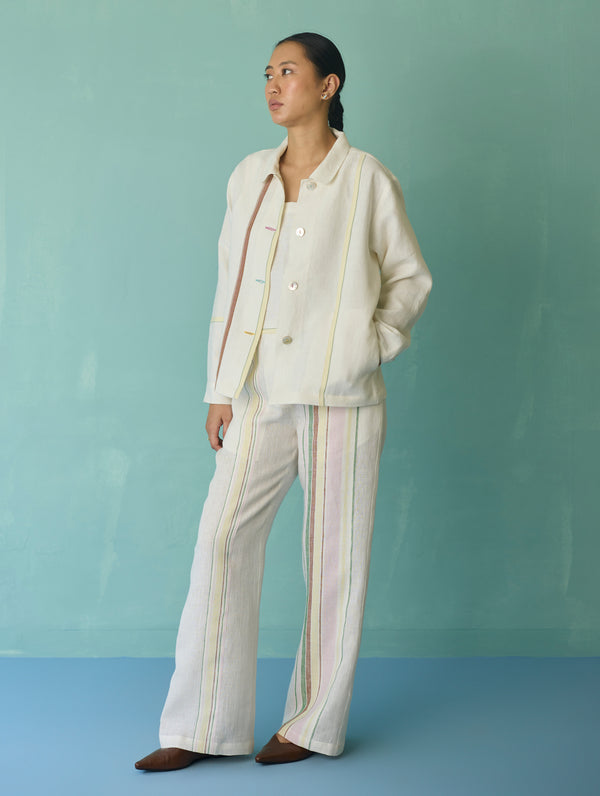 Della Border Linen Jacket - Ivory