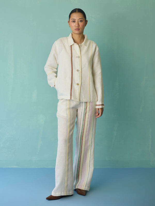 Della Border Linen Jacket - Ivory