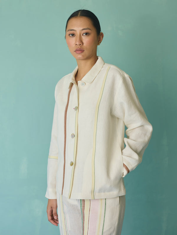 Della Border Linen Jacket - Ivory