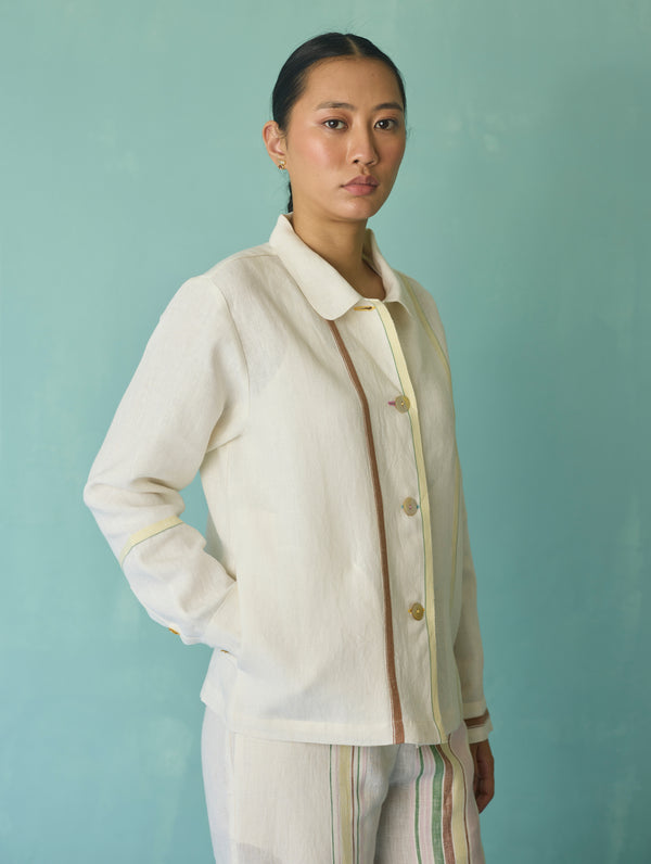 Della Border Linen Jacket - Ivory