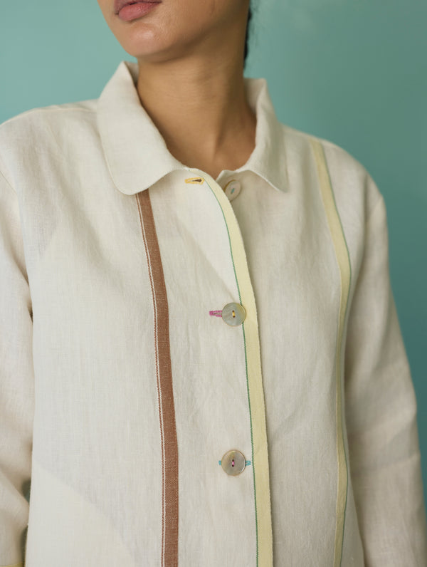Della Border Linen Jacket - Ivory