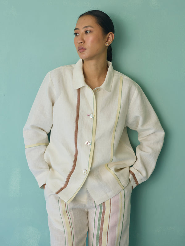 Della Border Linen Jacket - Ivory