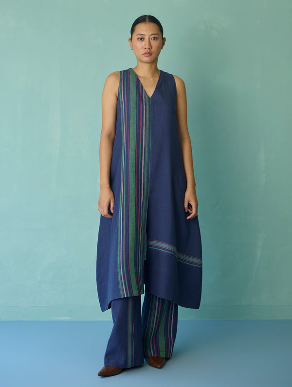 Vanya Border Linen Sleeveless Kurta - Indigo