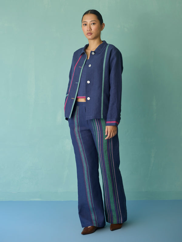 Della Border Linen Jacket - Indigo