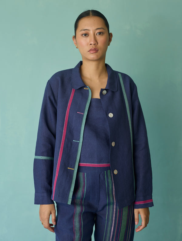 Della Border Linen Jacket - Indigo