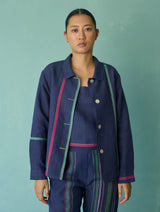 Della Border Linen Jacket - Indigo