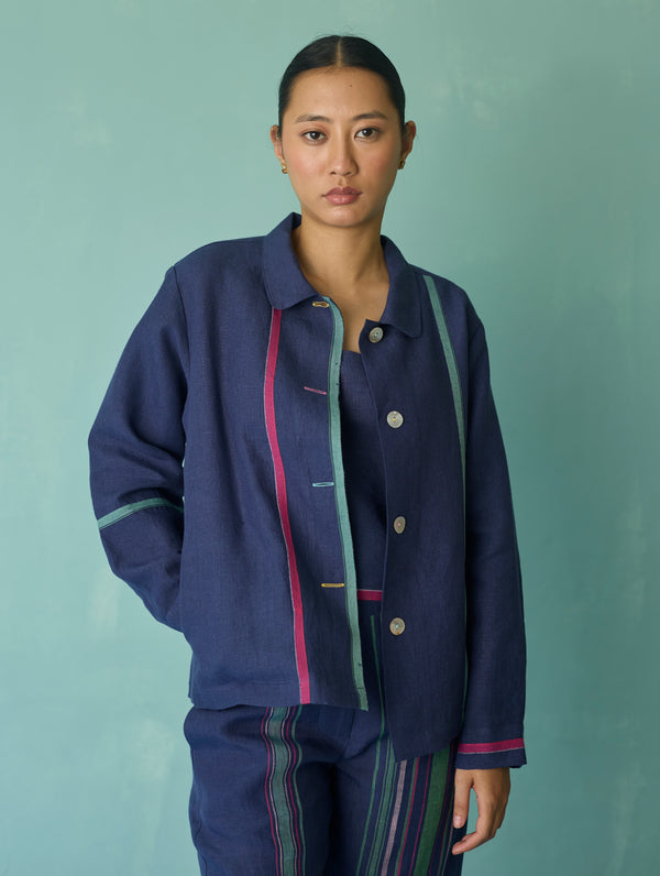 Della Border Linen Jacket - Indigo