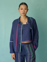 Della Border Linen Jacket - Indigo