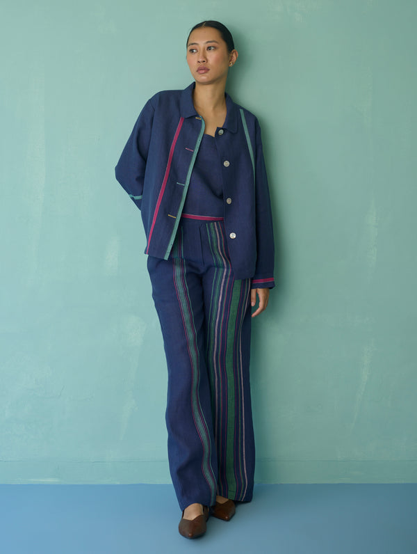 Della Border Linen Jacket - Indigo