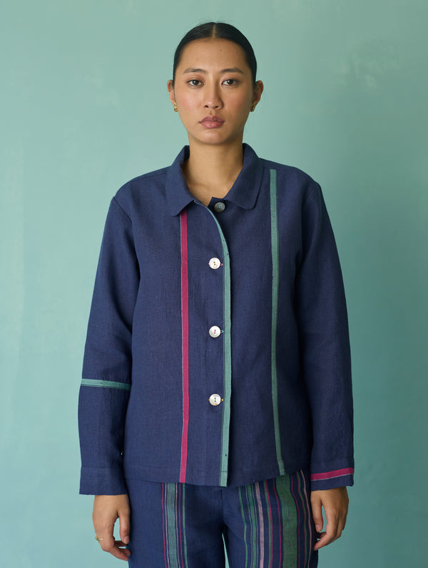 Della Border Linen Jacket - Indigo