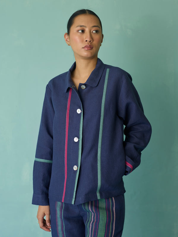 Della Border Linen Jacket - Indigo