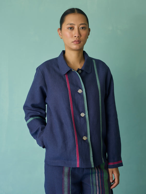 Della Border Linen Jacket - Indigo