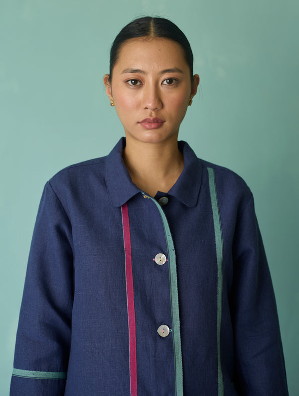 Della Border Linen Jacket - Indigo