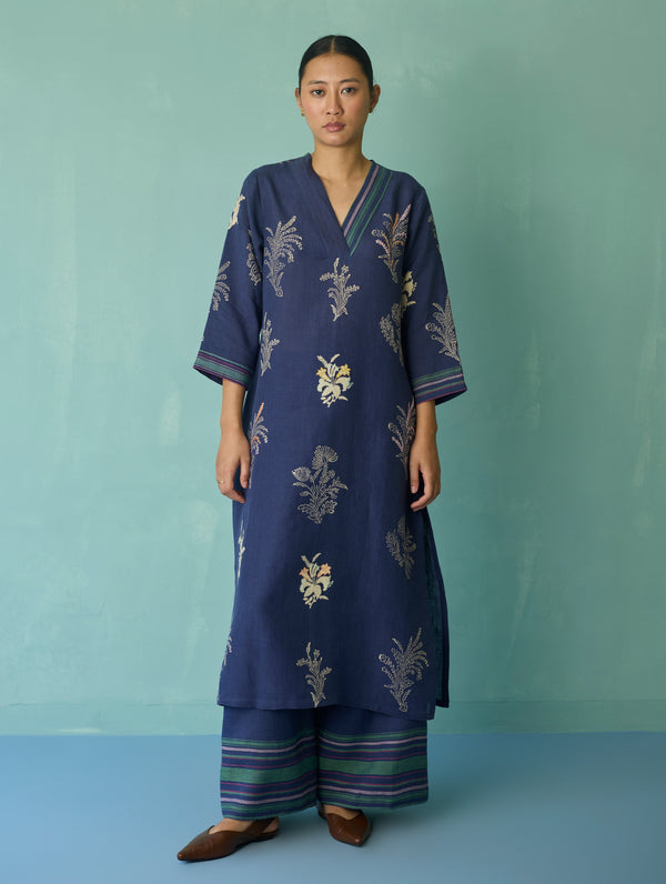 Zura Floral Block Printed Embroidered Kurta Set - Indigo