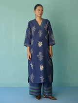 Zura Floral Block Printed Embroidered Kurta Set - Indigo