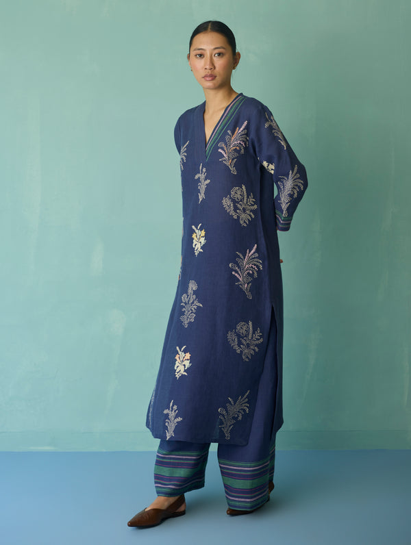 Zura Floral Block Printed Embroidered Kurta - Indigo