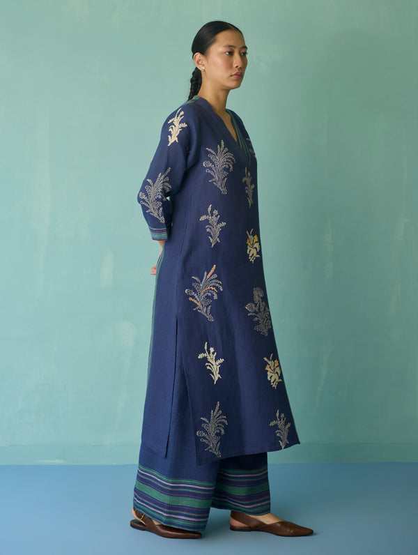 Zura Floral Block Printed Embroidered Kurta Set - Indigo