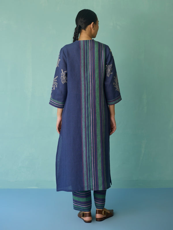 Zura Floral Block Printed Embroidered Kurta Set - Indigo