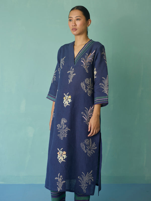 Zura Floral Block Printed Embroidered Kurta - Indigo