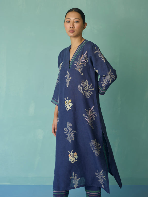 Zura Floral Block Printed Embroidered Kurta - Indigo