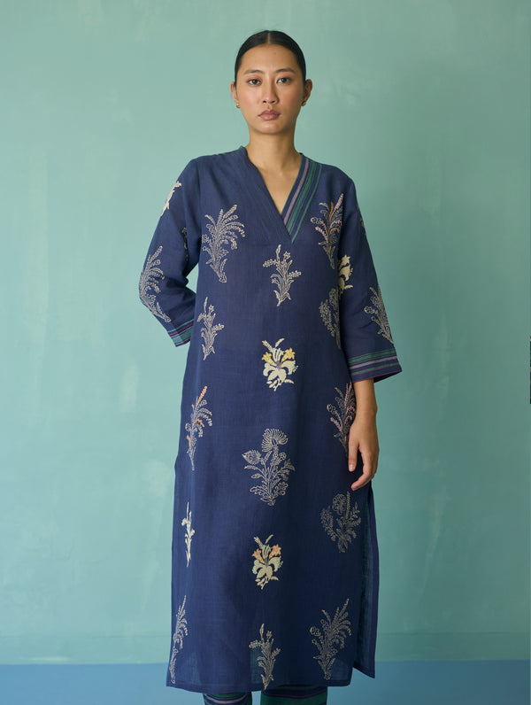 Zura Floral Block Printed Embroidered Kurta - Indigo