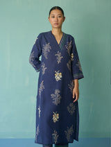 Zura Floral Block Printed Embroidered Kurta Set - Indigo