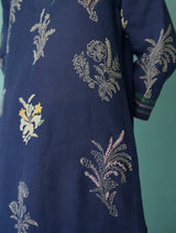 Zura Floral Block Printed Embroidered Kurta - Indigo