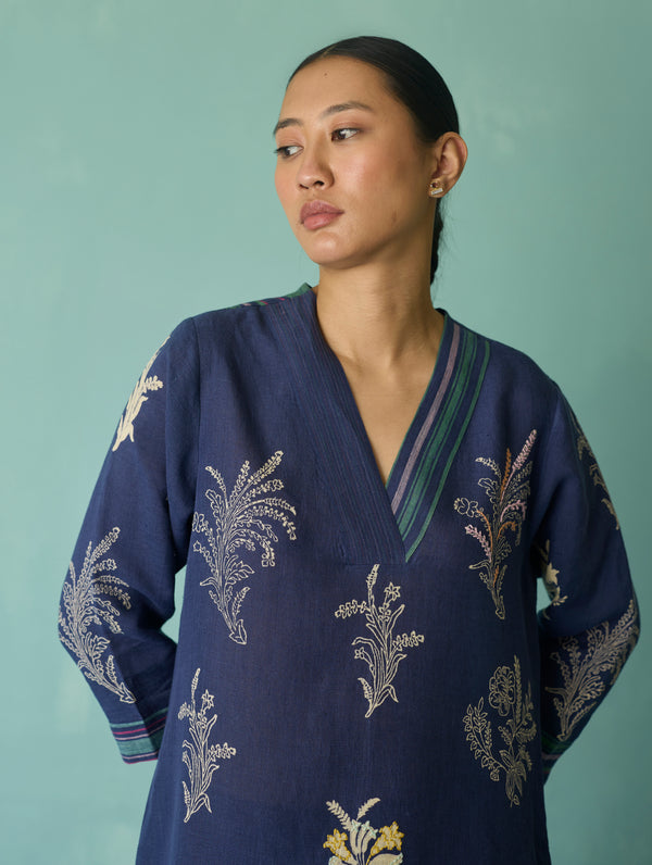 Zura Floral Block Printed Embroidered Kurta - Indigo