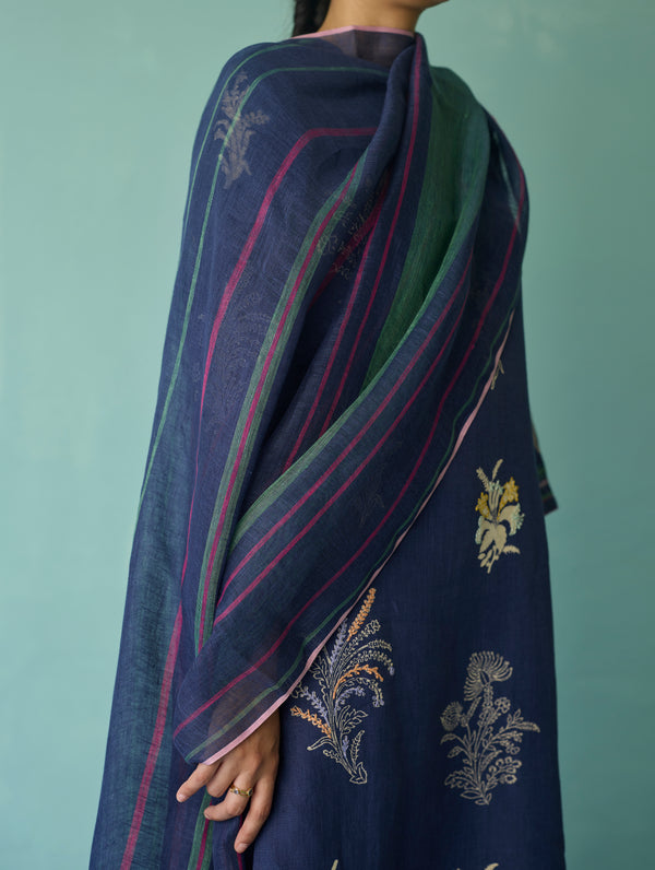 Zura Floral Block Printed Embroidered Kurta Set - Indigo